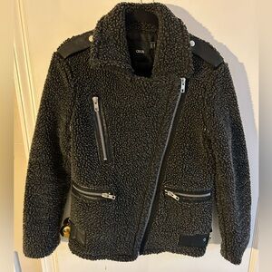 ASOS BLACK FLEECE MOTO JACKET WITH THREE ZIPPER POCKETS AND FAUZ LEATHER BUCKLES